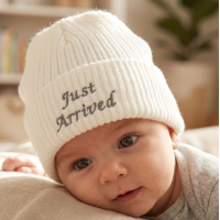 KW107: Baby Embroidered Just Arrived Knitted Hat (Newborn -3 Months)